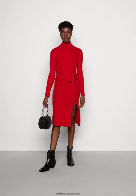 mulheres rollkragen ripp mini strikkleid mit grtel jumper vestido vermelho F4BZ0D232 Anna Field