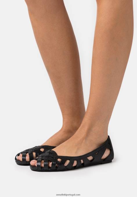 mulheres sapatilha peeptoe de couro preto F4BZ0D2148 Anna Field