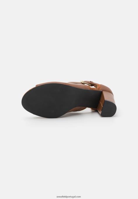 mulheres sandálias de punho de tornozelo de couro conhaque F4BZ0D1333 Anna Field